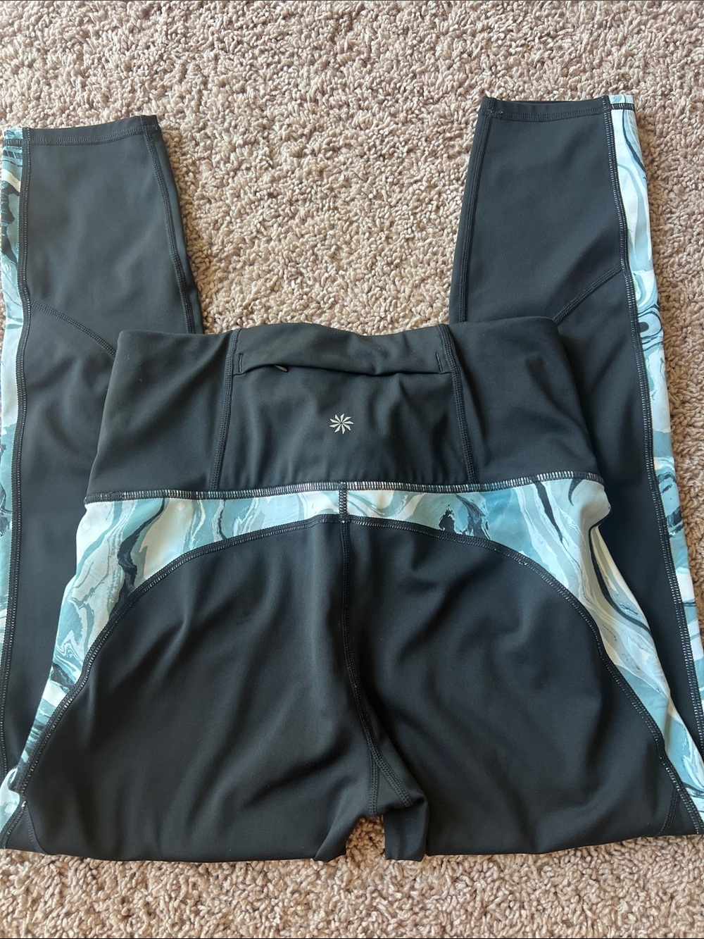 Athleta Black Leggings 7/8 with Sage Green Marble Side Panels